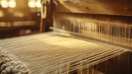 Close-up of a vintage wooden loom, illuminated with natural light, weaving threads