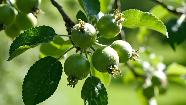 Young green harvest apples growing on a branch in a sunny orchard with vibrant green leaves
