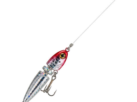 Fishing lure with red and silver body on transparent background