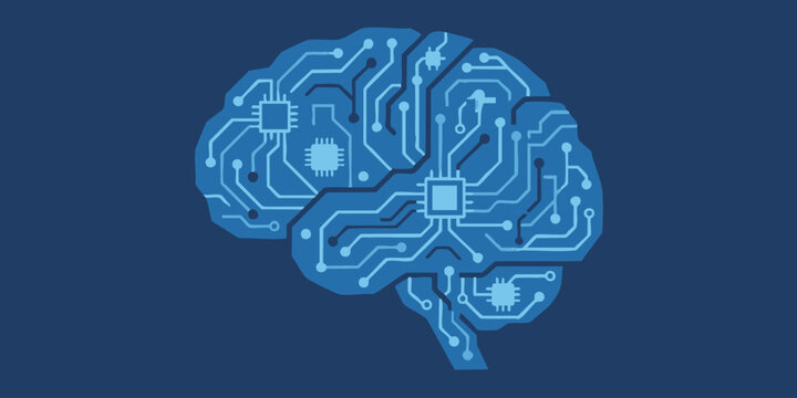Digital illustration of a human brain with circuit board patterns on a blue background, viewed from the side