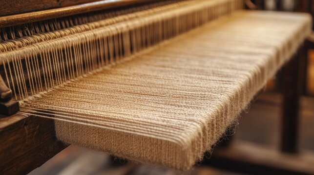 Close-up of a vintage wooden loom with natural fiber threads, partially woven