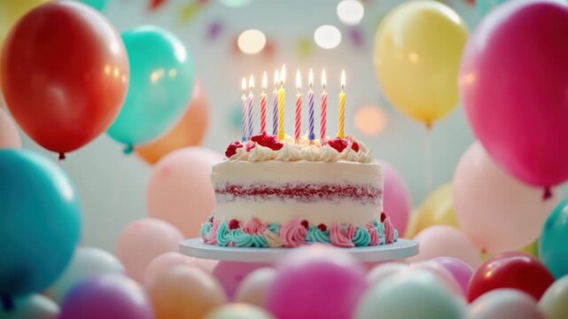 A layered cake with lit candles stands amidst a swirl of colorful balloons, celebrating a special occasion