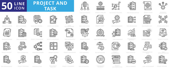 project and task icon pack outline contains continuous feedback, milestone tracking, stakeholder input, deliverable list, resource allocation, priority matrix, performance metrics, reprioritization