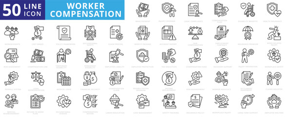 worker compensation icon pack outline contains workplace injury, long-term support, employee welfare, rehabilitation program, disability benefits, occupational safety, medical reimbursement