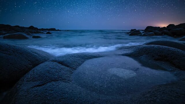 Dramatic Ocean Waves Crashing Against Rocky Shoreline During Blue Hour Twilight