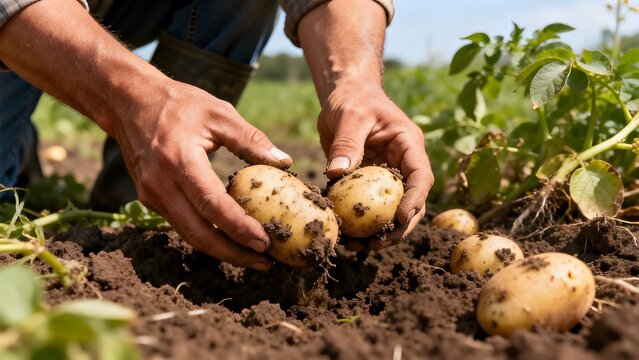 Hands of a farmer pulling organic potatoes from rich soil during harvest season. Sustainable farming, eco-friendly agriculture, and healthy food production concept.