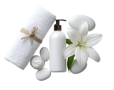 Spa scene showcasing beauty products, towels, white stones, and a lily against a black background