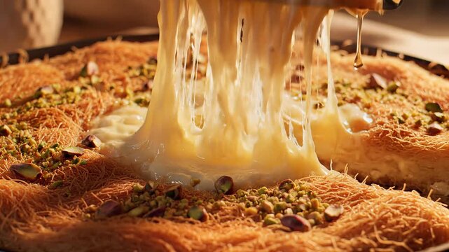 Close up of Kunafa Middle Eastern pastry lifting stretchy cheese