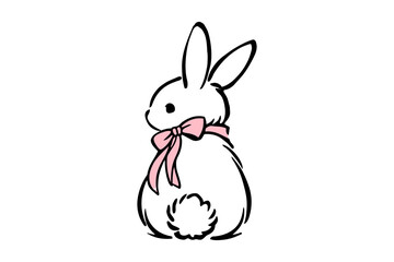 Obraz premium Easter clipart cute white bunny rabbit with pink bow around neck, simple line art drawing