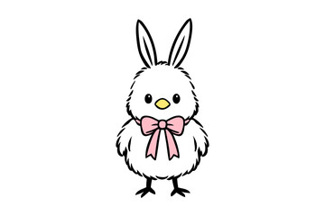 Easter clipart cute fluffy white chick with bunny ears and a pink bow tie, simple cartoon drawing