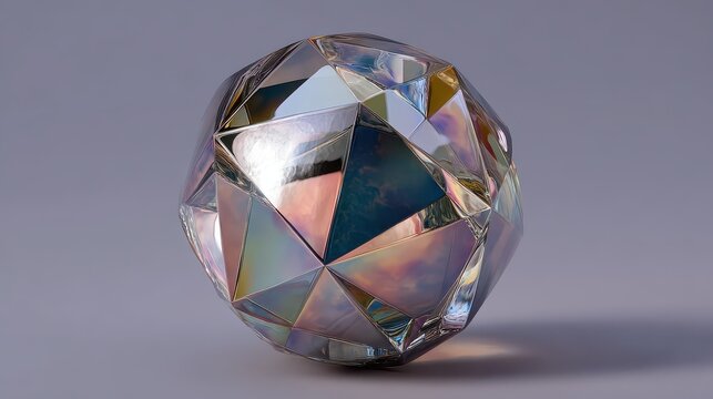 Crystal ball made of geometric shapes sits on a flat surface with soft light reflecting off its facets in a simple setting during the day
