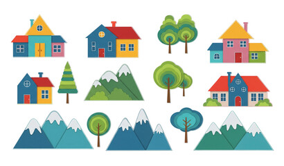 Colorful Paper Cut Style Houses Trees and Mountains Illustration Set