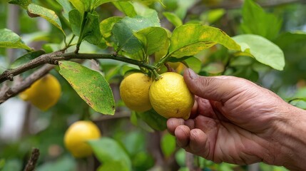 Obraz premium Lemon picking on a sunny day in a garden with ripe fruit ready for harvest