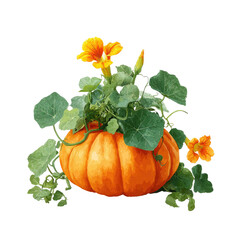 Obraz premium A vibrant orange pumpkin overflowing with green leaves and bright yellow-orange flowers