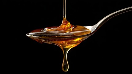 Close-up of honey dripping from a spoon in a dark background captured in a kitchen setting during the day