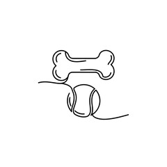 A minimalist line drawing of a dog bone and a tennis ball connected by a leash