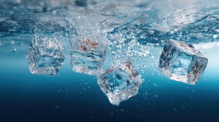Droplets splash around ice cubes sinking in water during a sunny day near a poolside setting