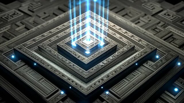 Intricate, geometric, metallic structure with glowing blue lights ascending