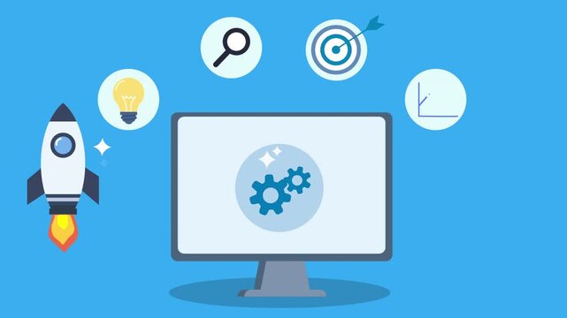 Flat illustration of a computer monitor displaying an AI performance automation dashboard with optimization and analysis icons. Modern concept for artificial intelligence, business efficiency, and dig