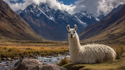 Obraz premium Llama resting by a river in the mountains during daytime in a natural setting with large peaks in the background