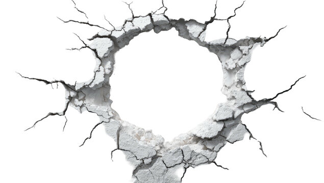 A circular hole, rimmed by fractured white material with cracks radiating outwards