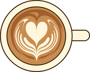 Top View Of Coffee Cup With Heart Shaped Latte Art On White Background vector illustration