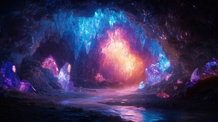Fototapeta premium A luminous cave interior glows with vibrant crystals and a fiery core
