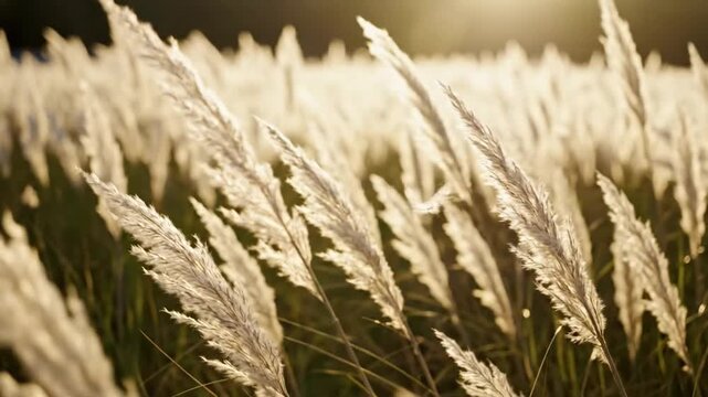 White Grass Field Swaying in Wind at Sunset