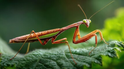 Close view of a praying mantis on a green leaf in a garden during daytime surrounded by soft natural light and blurred background