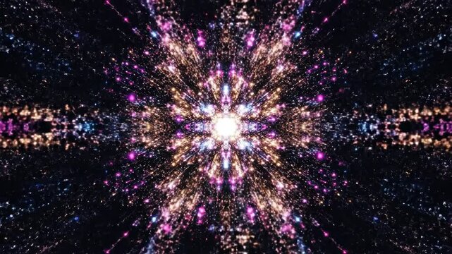 Bursting, radiating fractal design with light streaks against a dark void