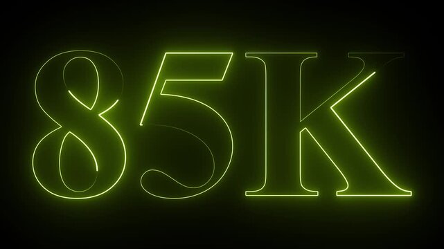 Neon glowing 85k Ultra HD icon isolated on black background, 85K followers. animation in Easy to put into any video. 4k animation video.