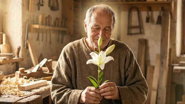 Elderly man holding a white lily in a traditional workshop, looking at it, and smelling its blossom with closed eyes