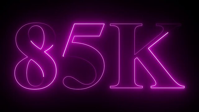 Neon glowing 85k Ultra HD icon isolated on black background, 85K followers. animation in Easy to put into any video. 4k animation video.