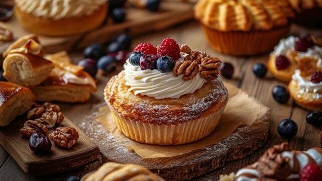 A close-up of a decorated cupcake, surrounded by other pastries, berries, and nuts on a wooden surface