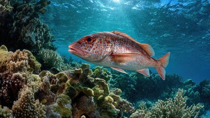 Obraz premium Bright fish swims through coral reef in clear water during sunlight hours in tropical ocean