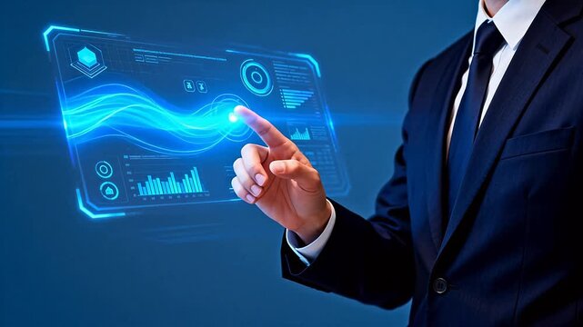 Businessman interacting with futuristic digital interface