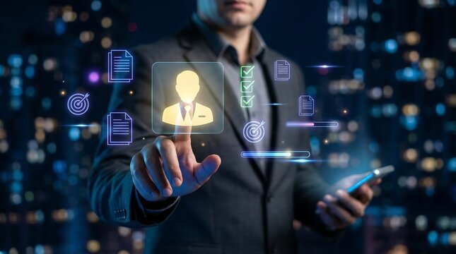 A businessman interacts with glowing digital icons representing human resources data analytics and network connections in a city high quality professional detailed