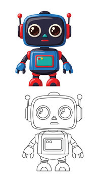 Friendly Colorful Robot Illustration and Matching Black and White Robot Sketch