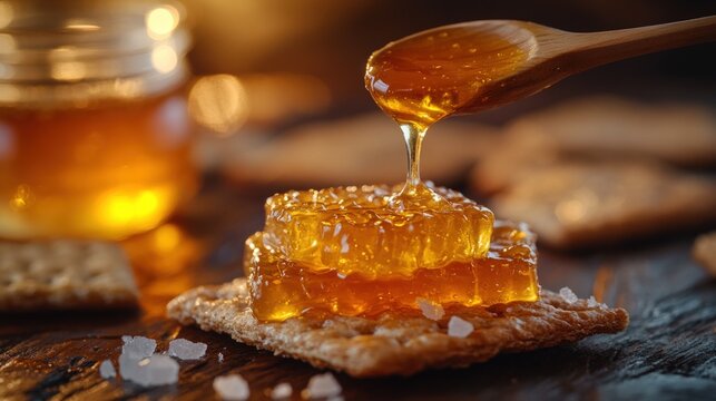 Golden honey dripping from wooden spoon onto honeycomb on a cracker. Jar & blurred light in the bkg