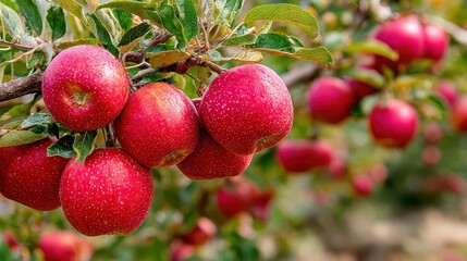 Obraz premium Ripe apples hang on branches in an orchard during late summer near a small town, ready for harvest