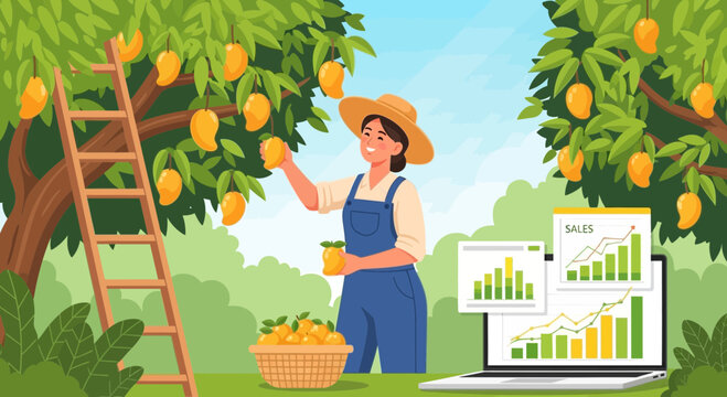 Woman harvesting mangoes while analyzing agricultural business data.