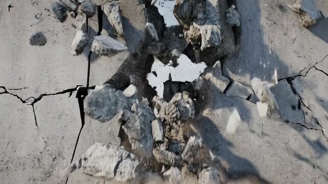 Close-up of concrete wall splitting open, revealing sky through broken sections