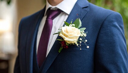 Elegant Grooms Attire - Blue Suit with Floral Boutonniere.
