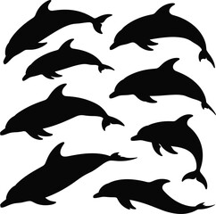 Fototapeta premium Black dolphin silhouettes set in dynamic swimming poses, elegant marine mammal icons isolated on white background for ocean design