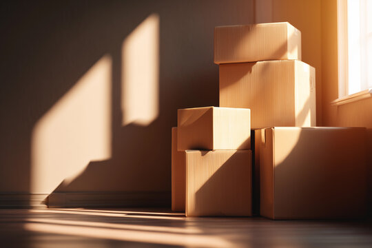 Stacked cardboard moving boxes in warm morning sunlight