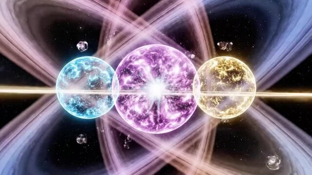 Holographic orbs multiply and merge in a void, emitting harmonic rings.