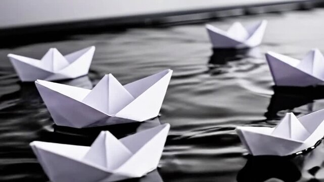 Minimalist paper boats sail on a rippling ink pond, folding and unfolding.