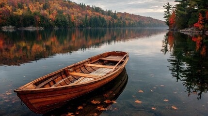 Fototapeta premium Colorful trees surround a calm lake with a wooden boat floating on the water in the early morning light