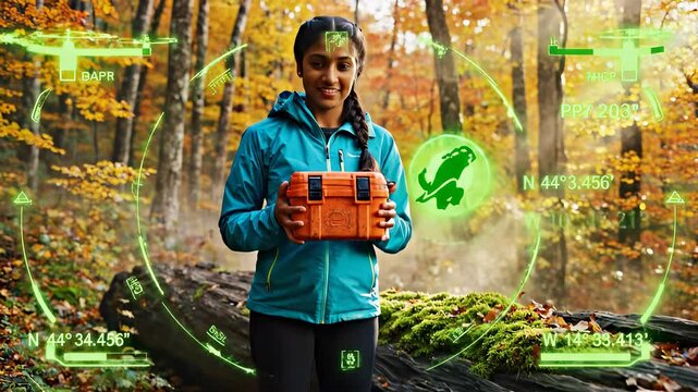 Woman Finds Treasure in Forest with Augmented Reality.