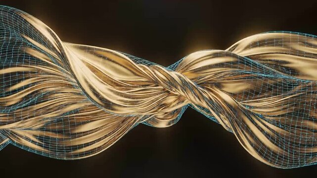 Dynamic golden fabric twisted with blue mesh on dark background